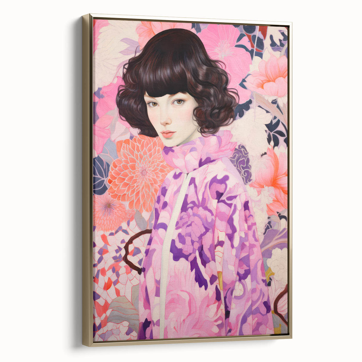 Maximalist Wall Art: Vibrant Floral Portrait of Woman in Purple for Decor