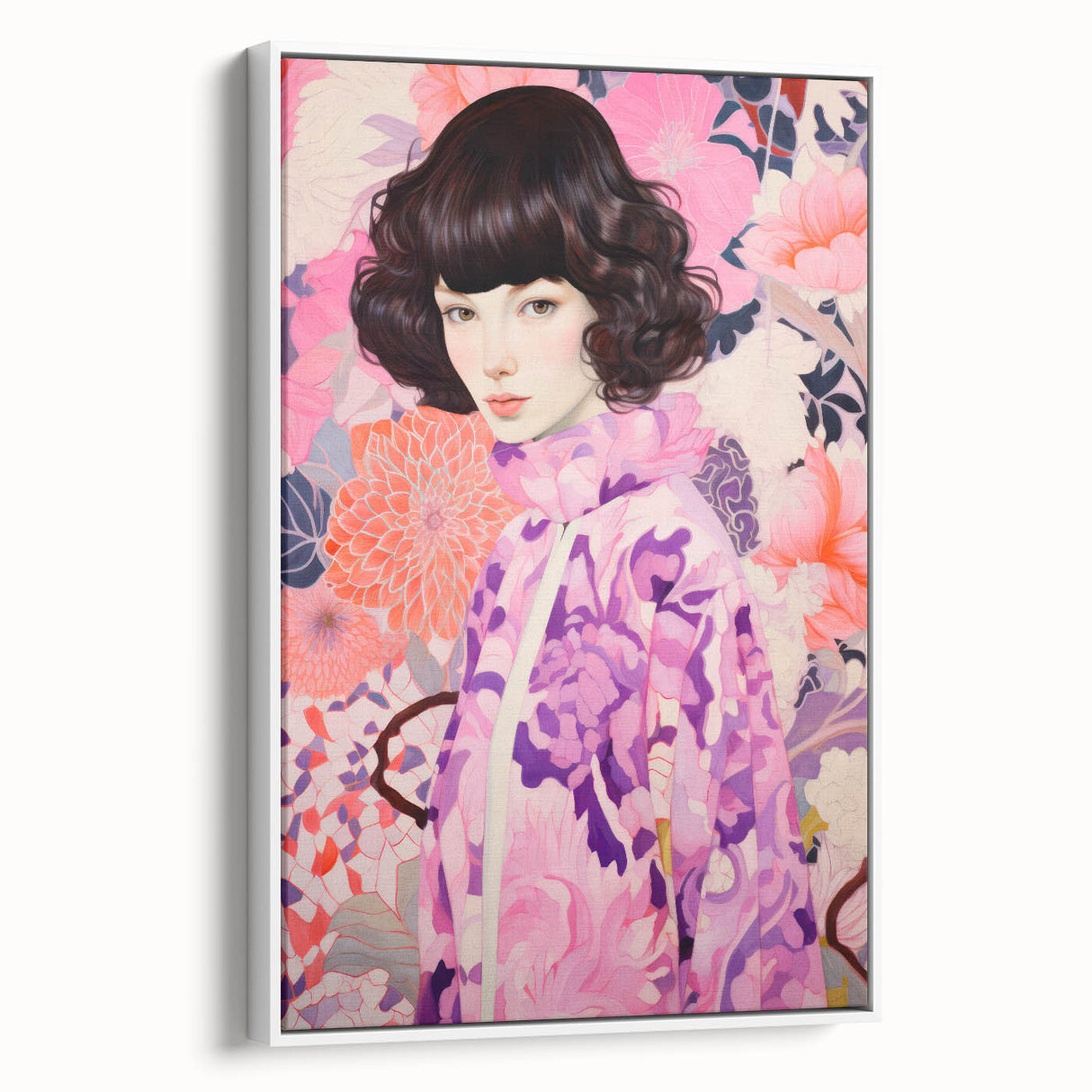 Maximalist Wall Art: Vibrant Floral Portrait of Woman in Purple for Decor
