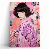 Maximalist Wall Art: Vibrant Floral Portrait of Woman in Purple for Decor