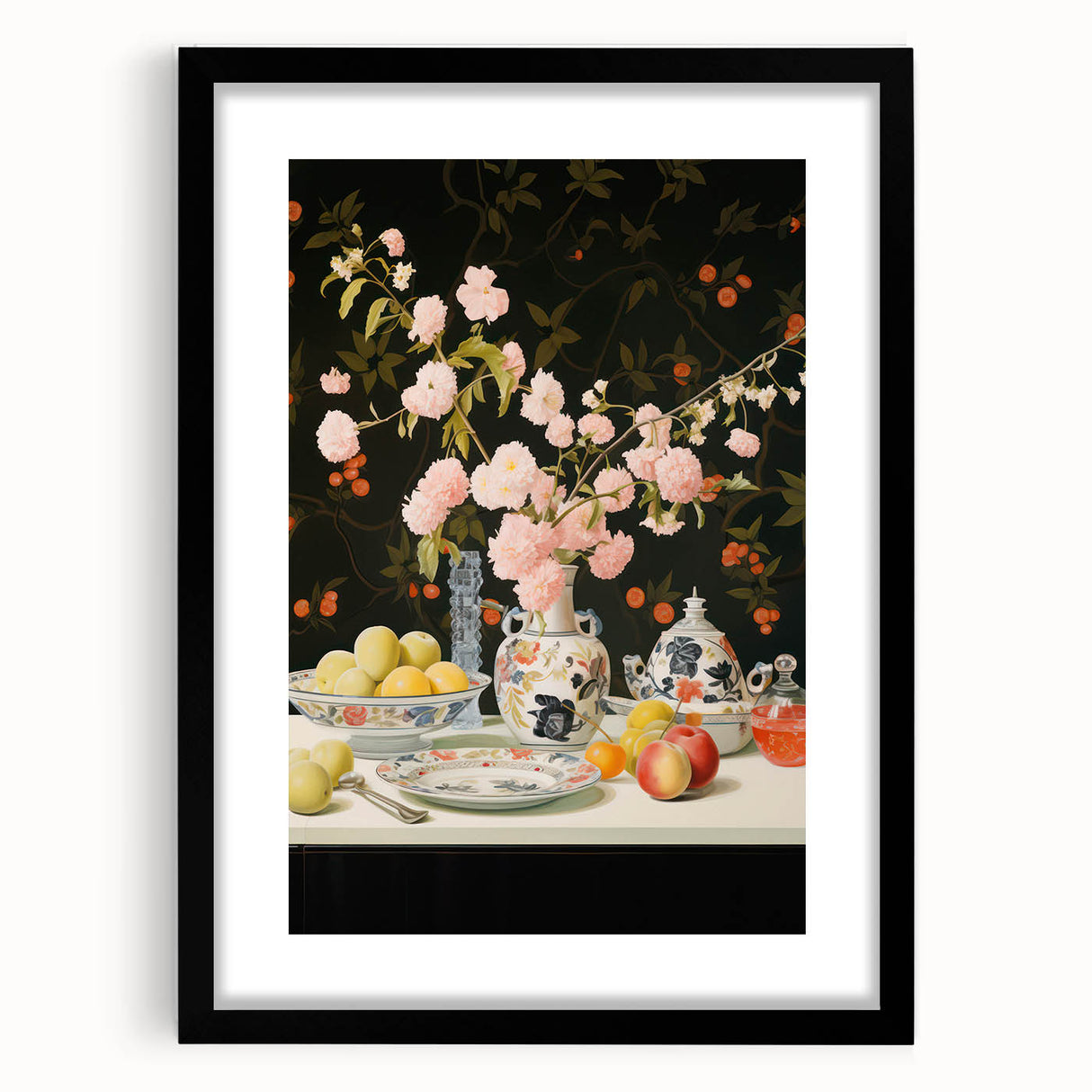 Maximalist Wall Art: Floral Still Life with Fruit for Elegant Home Decor