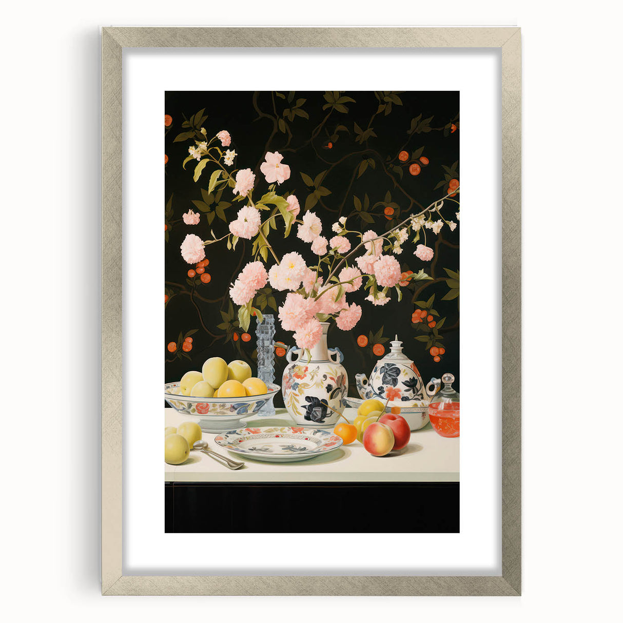 Maximalist Wall Art: Floral Still Life with Fruit for Elegant Home Decor