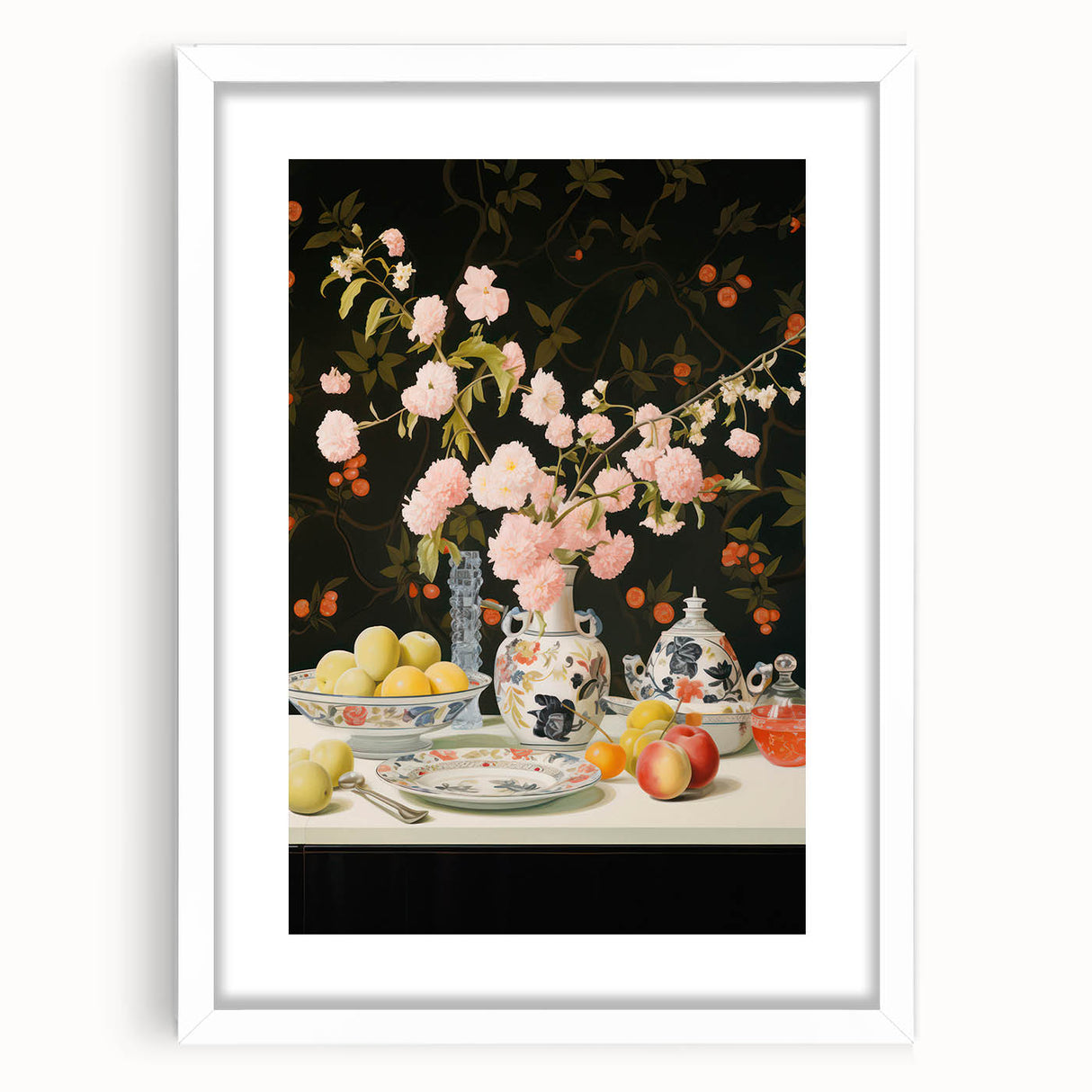 Maximalist Wall Art: Floral Still Life with Fruit for Elegant Home Decor