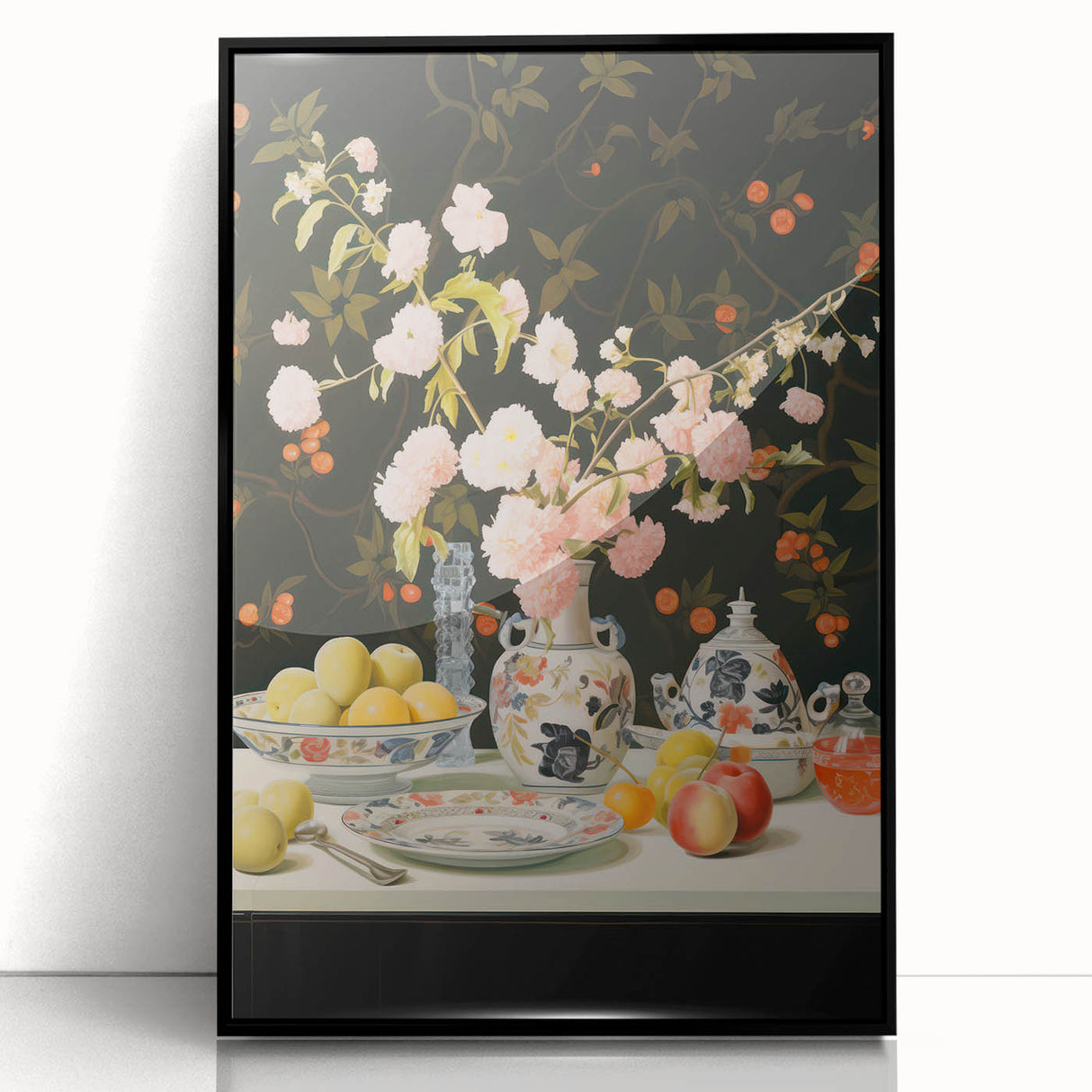 Maximalist Wall Art: Floral Still Life with Fruit for Elegant Home Decor