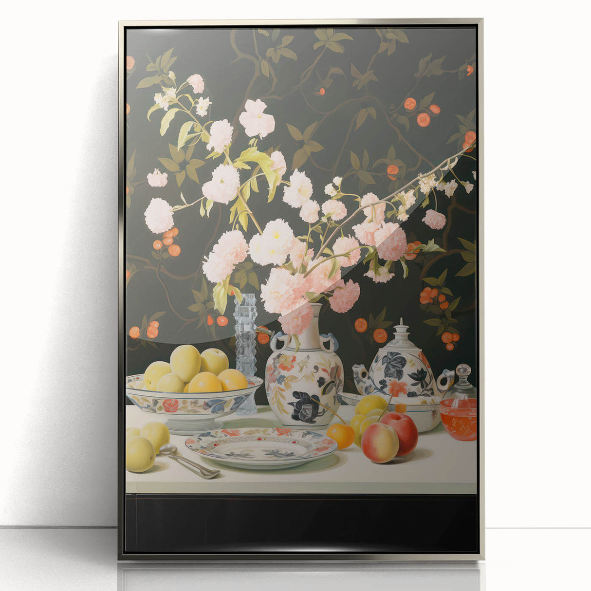 Maximalist Wall Art: Floral Still Life with Fruit for Elegant Home Decor