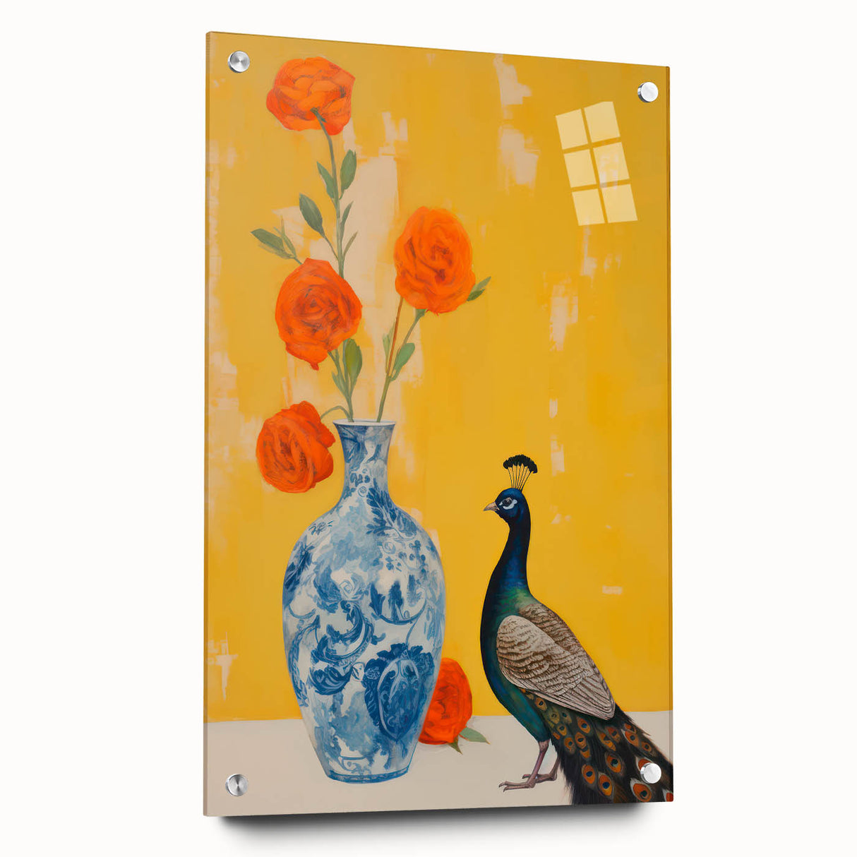 Maximalist Wall Art: Vibrant Peacock and Vase with Flowers for Bold Decor