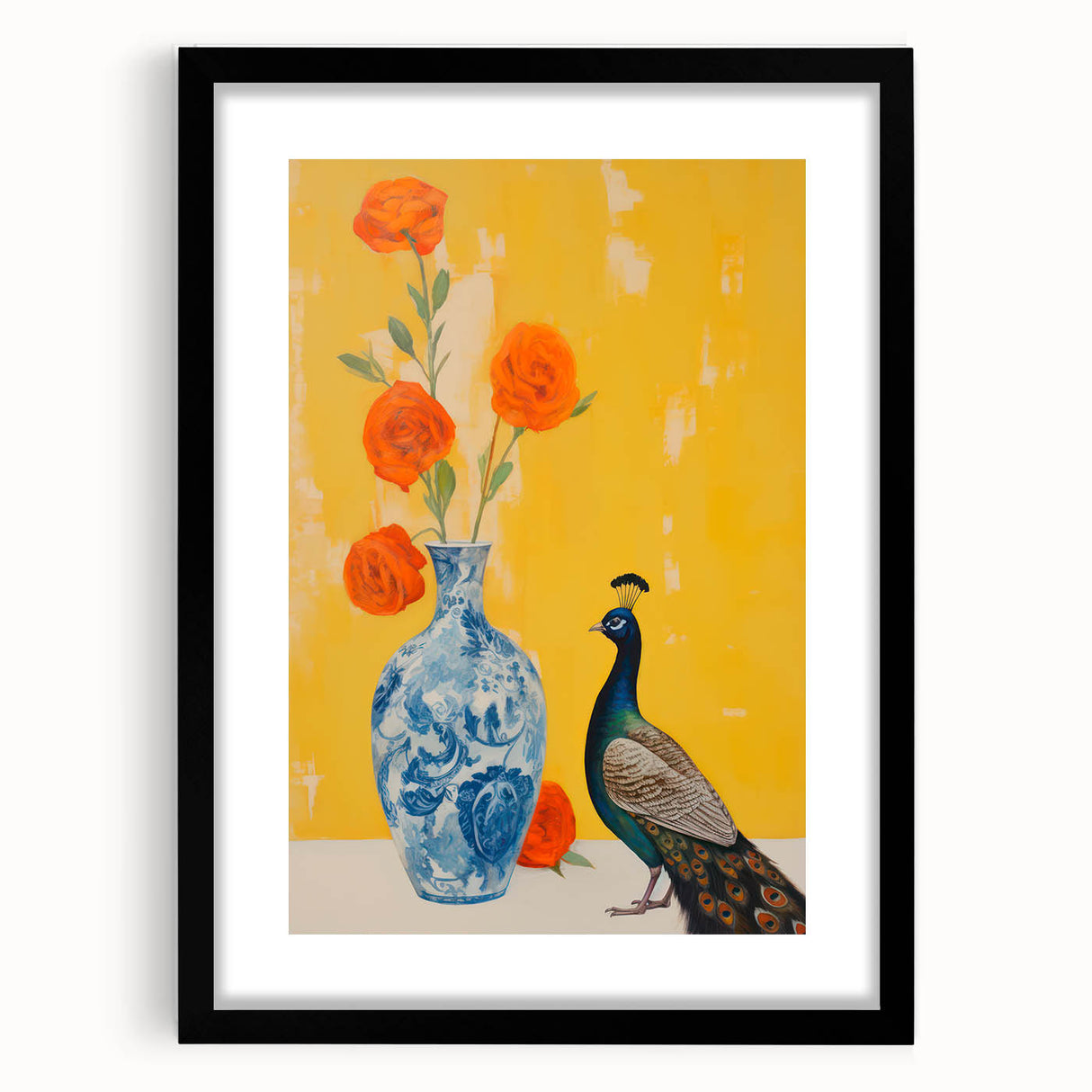 Maximalist Wall Art: Vibrant Peacock and Vase with Flowers for Bold Decor
