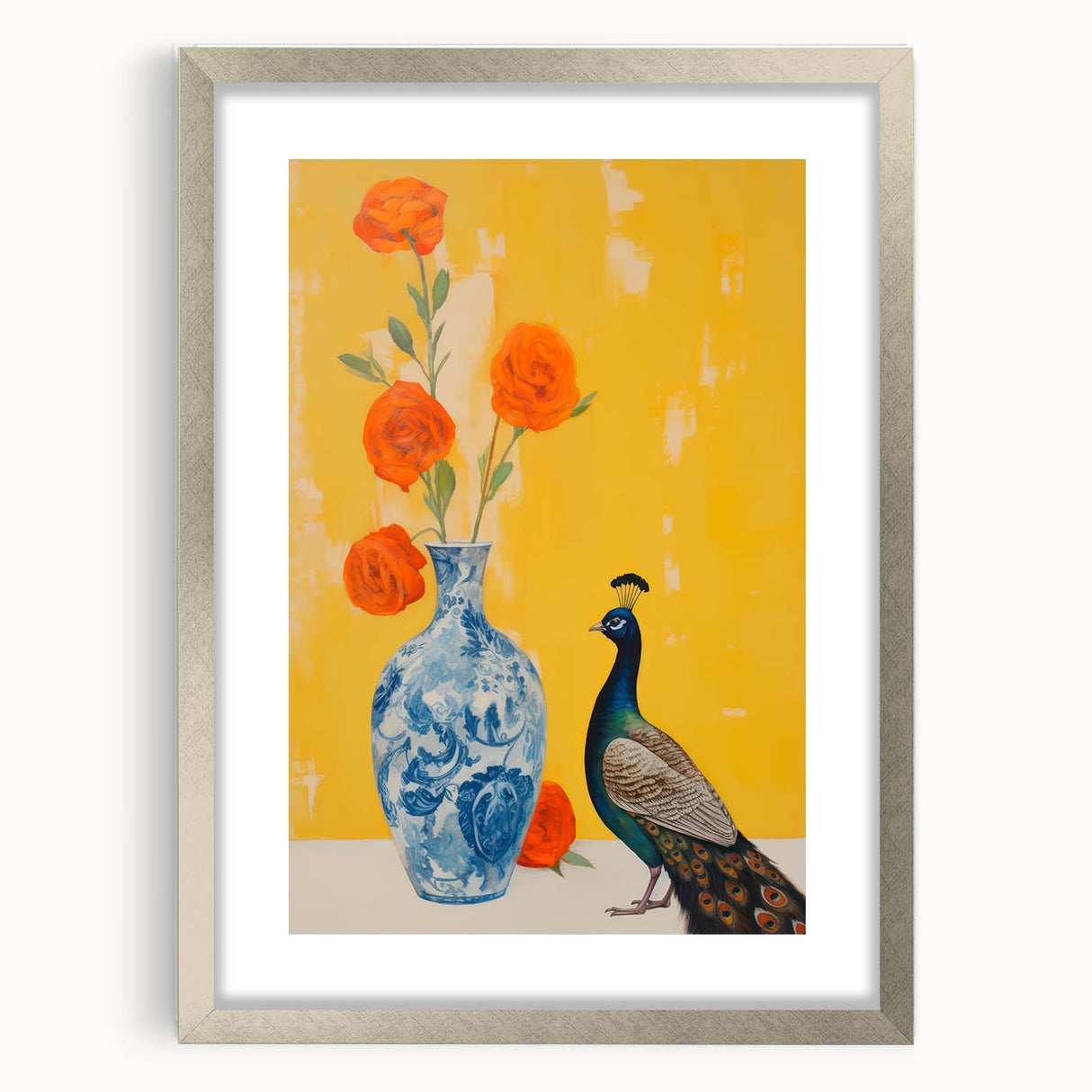 Maximalist Wall Art: Vibrant Peacock and Vase with Flowers for Bold Decor