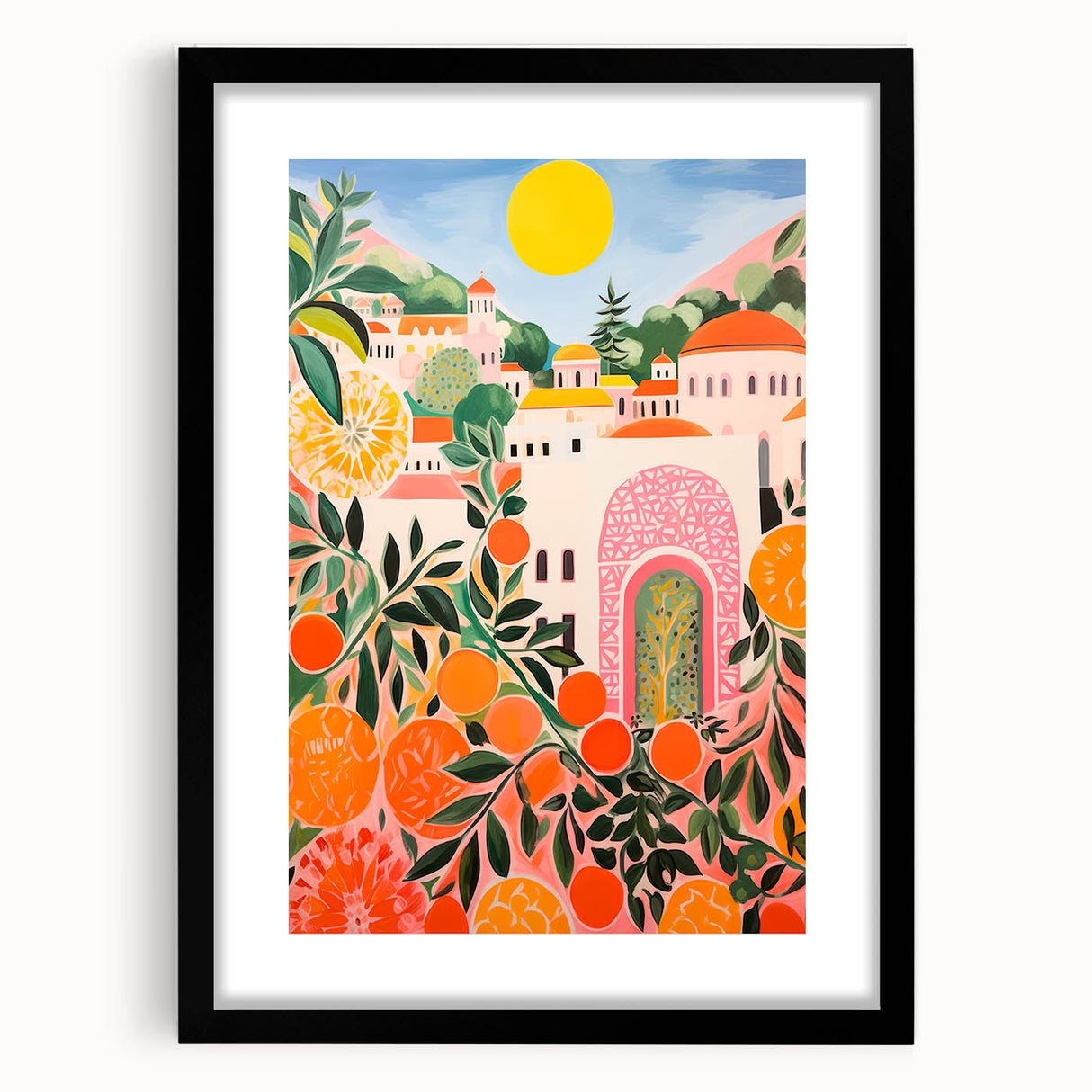 Maximalist Eclectic Wall Art with Vibrant Citrus and Bold Landscape Design