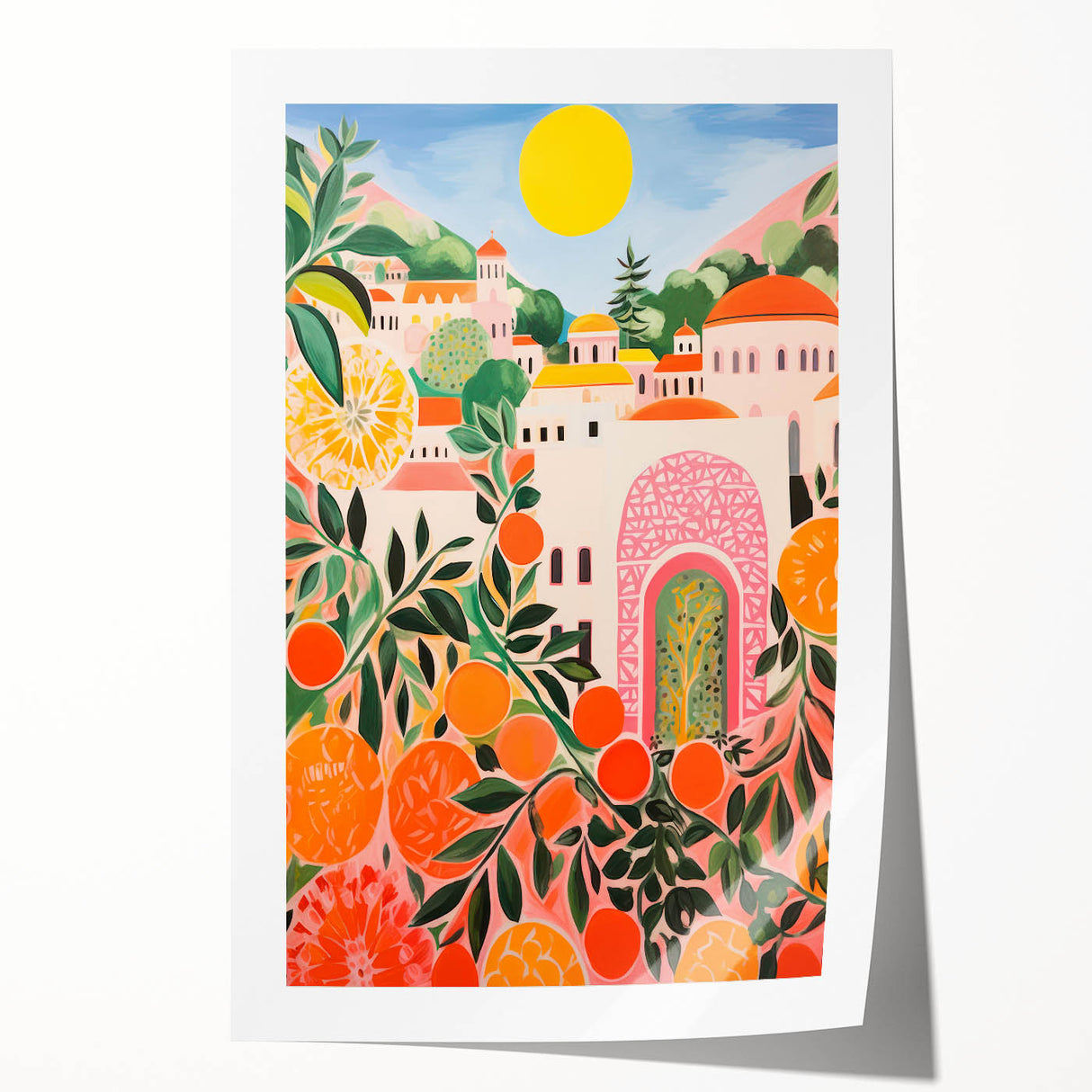 Maximalist Eclectic Wall Art with Vibrant Citrus and Bold Landscape Design