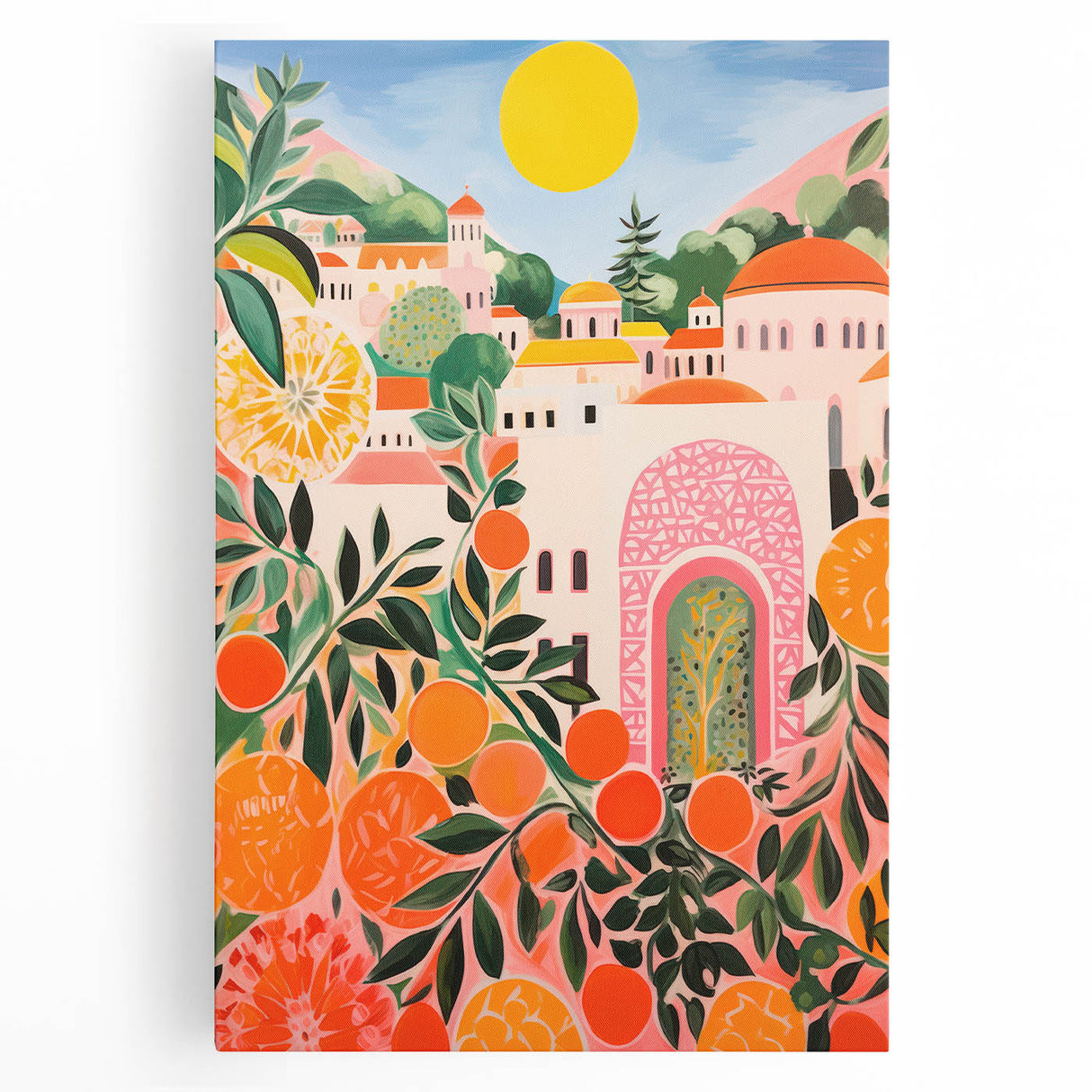 Maximalist Eclectic Wall Art with Vibrant Citrus and Bold Landscape Design