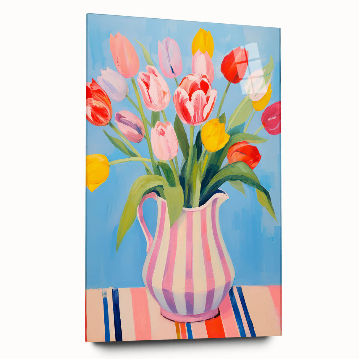 Maximalist Floral Wall Art with Bold Tulip Bouquet in Striped Vase Design