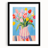 Maximalist Floral Wall Art with Bold Tulip Bouquet in Striped Vase Design