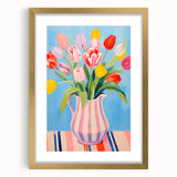 Maximalist Floral Wall Art with Bold Tulip Bouquet in Striped Vase Design