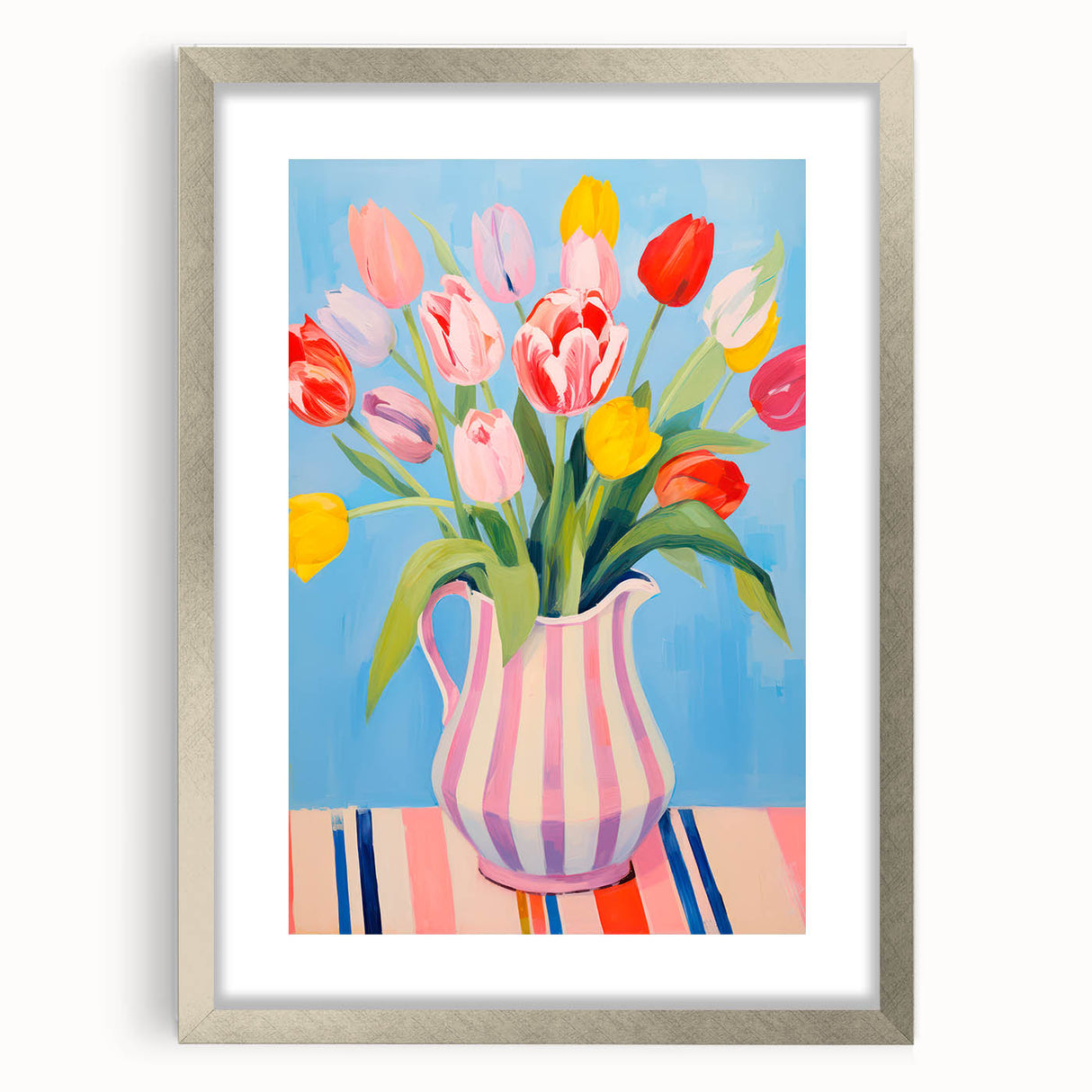 Maximalist Floral Wall Art with Bold Tulip Bouquet in Striped Vase Design