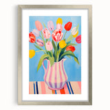 Maximalist Floral Wall Art with Bold Tulip Bouquet in Striped Vase Design