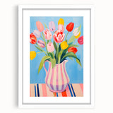 Maximalist Floral Wall Art with Bold Tulip Bouquet in Striped Vase Design
