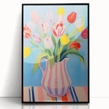 Maximalist Floral Wall Art with Bold Tulip Bouquet in Striped Vase Design