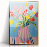 Maximalist Floral Wall Art with Bold Tulip Bouquet in Striped Vase Design