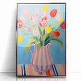 Maximalist Floral Wall Art with Bold Tulip Bouquet in Striped Vase Design