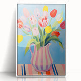 Maximalist Floral Wall Art with Bold Tulip Bouquet in Striped Vase Design