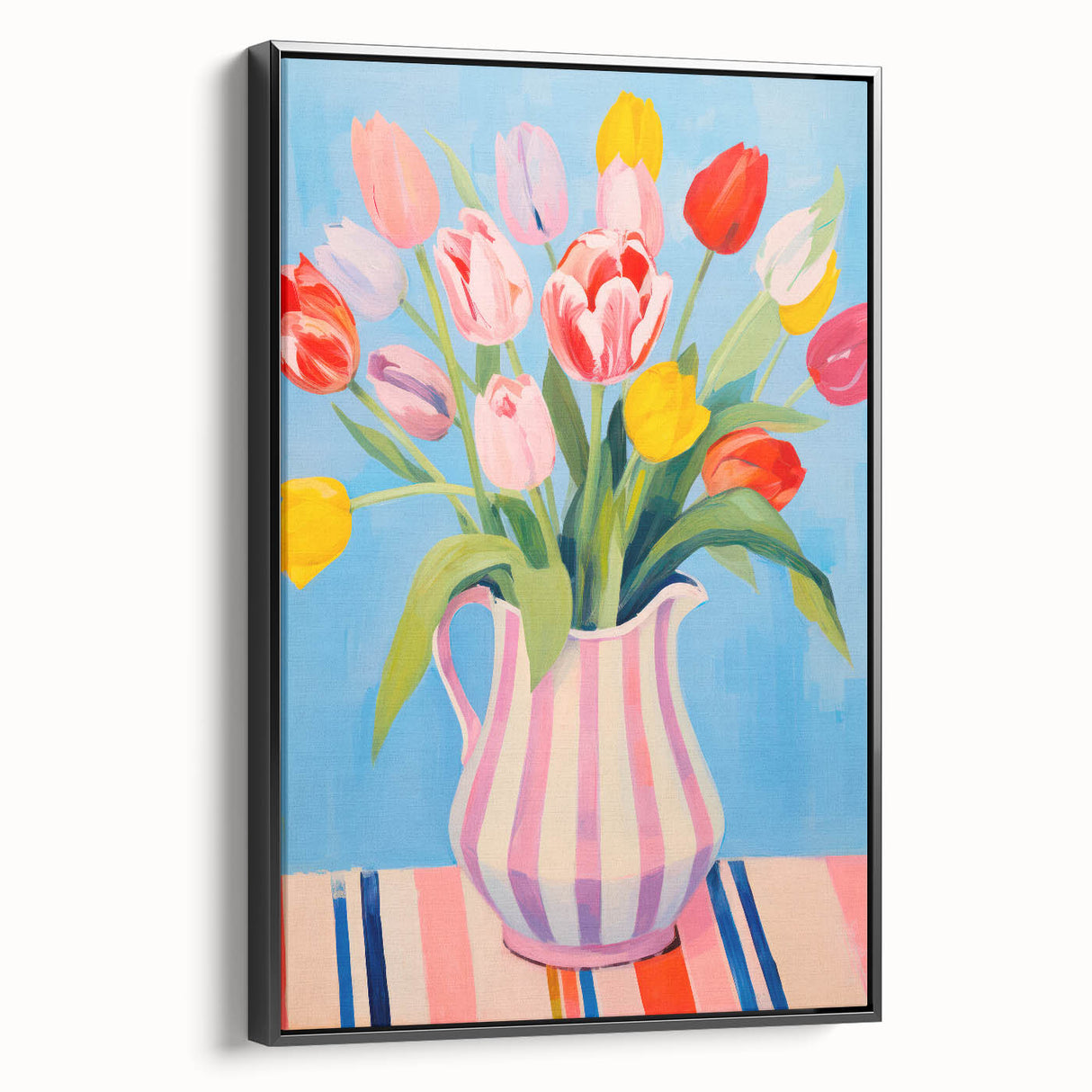 Maximalist Floral Wall Art with Bold Tulip Bouquet in Striped Vase Design