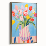 Maximalist Floral Wall Art with Bold Tulip Bouquet in Striped Vase Design