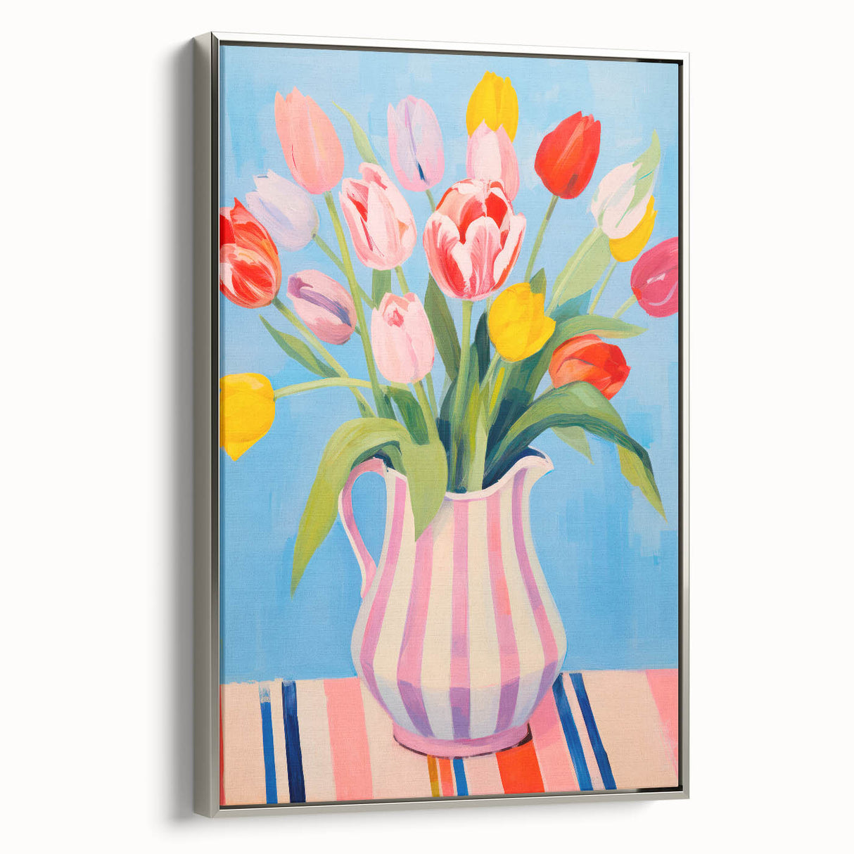 Maximalist Floral Wall Art with Bold Tulip Bouquet in Striped Vase Design
