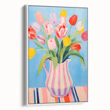 Maximalist Floral Wall Art with Bold Tulip Bouquet in Striped Vase Design