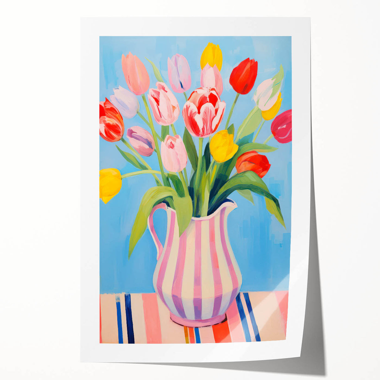 Maximalist Floral Wall Art with Bold Tulip Bouquet in Striped Vase Design