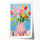 Maximalist Floral Wall Art with Bold Tulip Bouquet in Striped Vase Design
