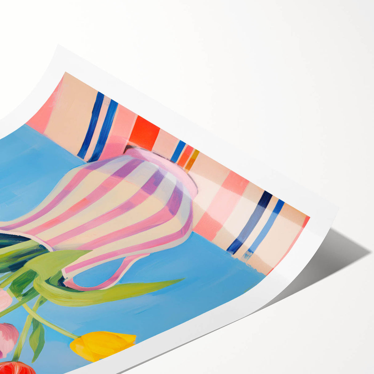 Maximalist Floral Wall Art with Bold Tulip Bouquet in Striped Vase Design