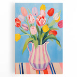 Maximalist Floral Wall Art with Bold Tulip Bouquet in Striped Vase Design