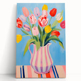 Maximalist Floral Wall Art with Bold Tulip Bouquet in Striped Vase Design