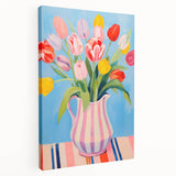 Maximalist Floral Wall Art with Bold Tulip Bouquet in Striped Vase Design