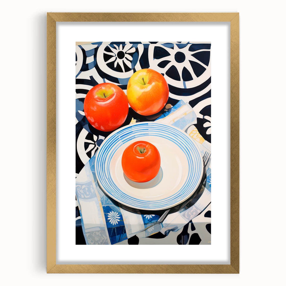 Maximalist Still Life Wall Art with Bold Apple and Plate Eclectic Design