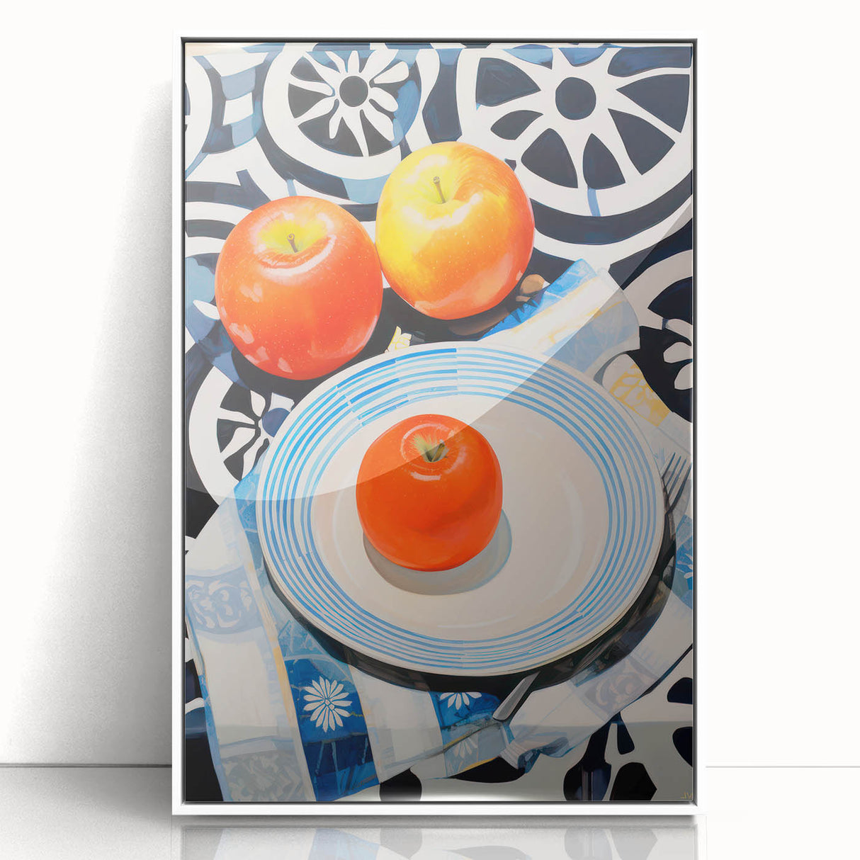 Maximalist Still Life Wall Art with Bold Apple and Plate Eclectic Design