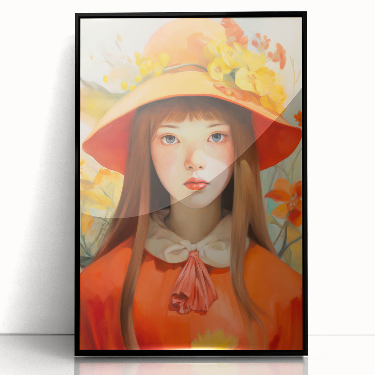 Maximalist Portrait Wall Art with Bold Florals and Vibrant Orange Hat Design