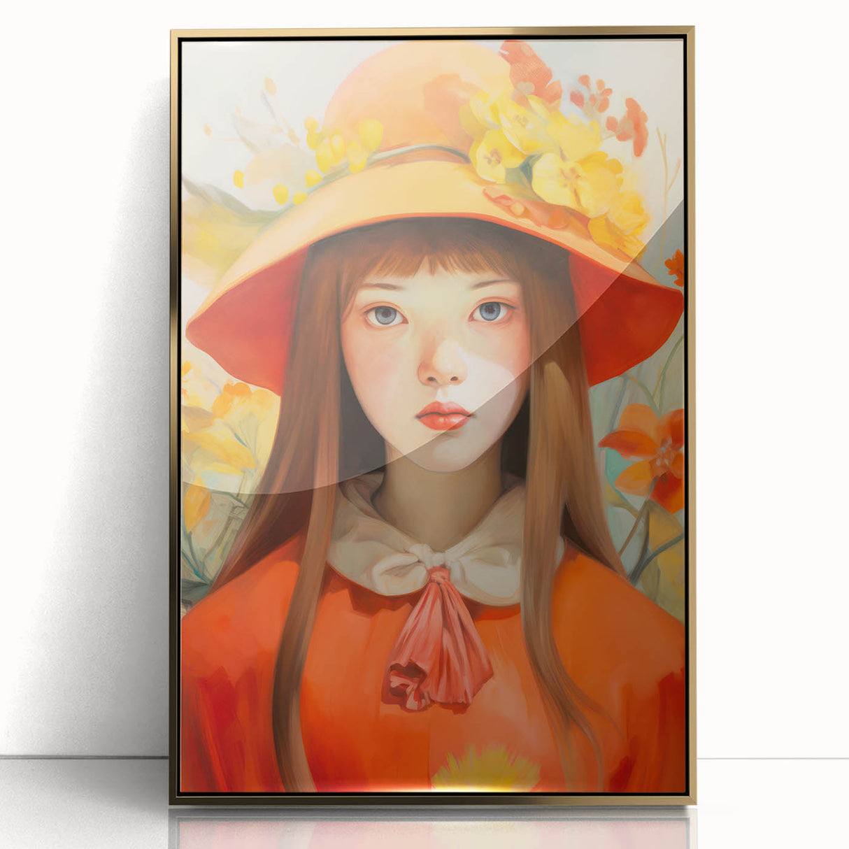 Maximalist Portrait Wall Art with Bold Florals and Vibrant Orange Hat Design