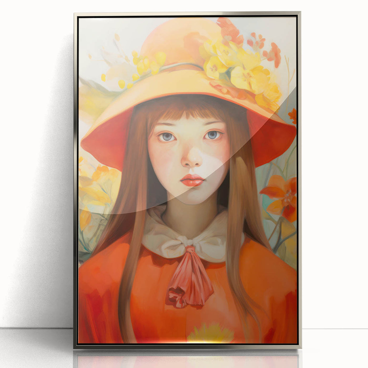 Maximalist Portrait Wall Art with Bold Florals and Vibrant Orange Hat Design