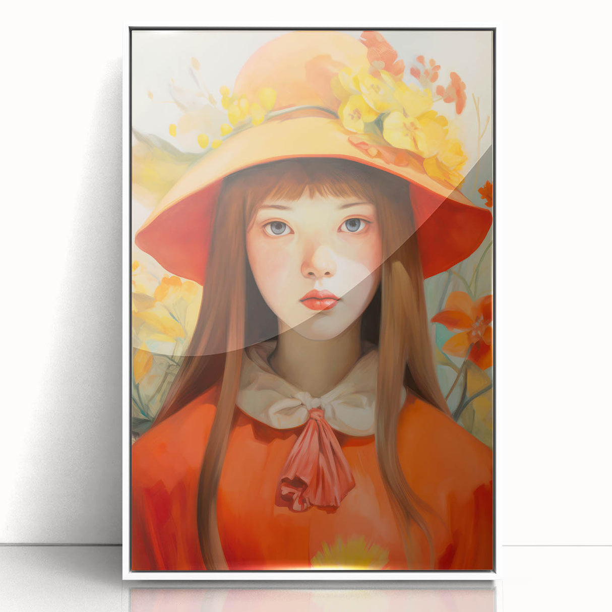 Maximalist Portrait Wall Art with Bold Florals and Vibrant Orange Hat Design