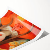 Maximalist Portrait Wall Art with Bold Florals and Vibrant Orange Hat Design