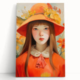 Maximalist Portrait Wall Art with Bold Florals and Vibrant Orange Hat Design