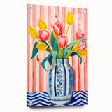 Maximalist Floral Wall Art with Vibrant Tulips in Blue and White Vase