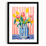 Maximalist Floral Wall Art with Vibrant Tulips in Blue and White Vase