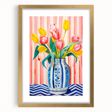 Maximalist Floral Wall Art with Vibrant Tulips in Blue and White Vase