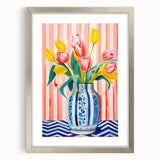 Maximalist Floral Wall Art with Vibrant Tulips in Blue and White Vase