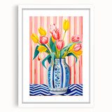 Maximalist Floral Wall Art with Vibrant Tulips in Blue and White Vase