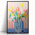 Maximalist Floral Wall Art with Vibrant Tulips in Blue and White Vase