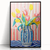 Maximalist Floral Wall Art with Vibrant Tulips in Blue and White Vase
