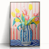 Maximalist Floral Wall Art with Vibrant Tulips in Blue and White Vase